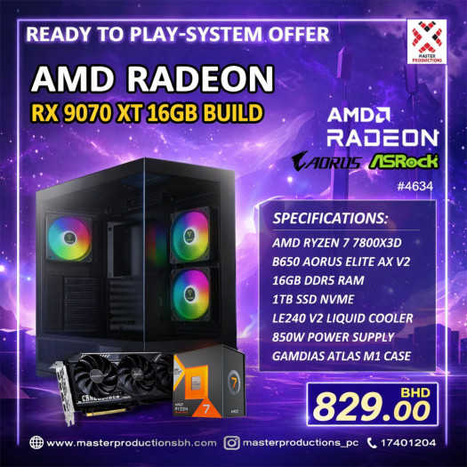 RX 9070 XT Build 16GB,RYZEN 7 7800X3D, B650 AORUS ELITE AX V2, 16GB DDR5 RAM, 1TB NVMe SSD, LE240 Liquid Cooler, 850W Power Supply, GAMDIAS ATLAS M1 CASE, RTP # 4634